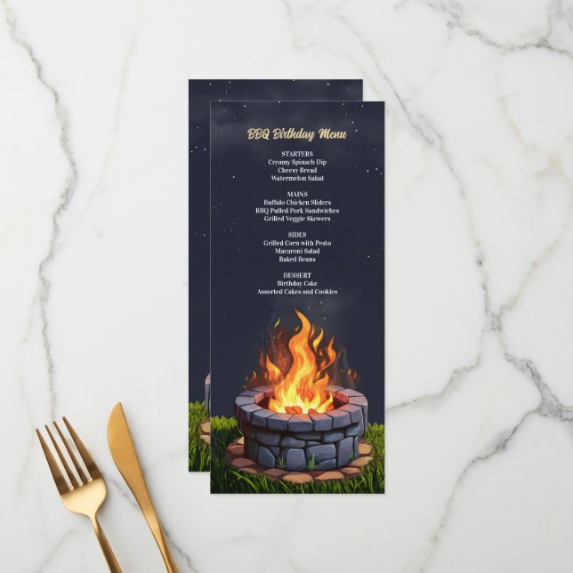 Backyard Fire Pit Bonfire Cookout, Birthday BBQ Menu (Front/Back In Situ)