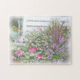 Backyard Flower Garden Watercolor Painting  Jigsaw Puzzle