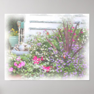 Backyard Flower Garden Watercolor Painting Poster