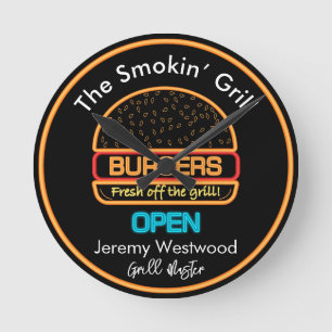 Backyard Grill Master Burgers Sign Wall Clock