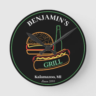  Backyard Grill with Burgers Hot Dogs Beer Round Clock