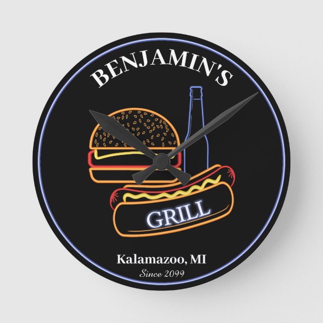  Backyard Grill with Burgers Hot Dogs Beer Round Clock (Front)
