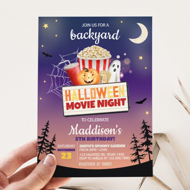 Backyard Halloween Movie Night Birthday Party Invitation (Outdoor Backyard Halloween Movie Night Party Invitation )