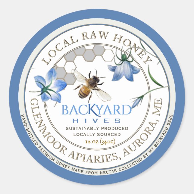 Backyard Hive Apiary Blue Flower Raw Honey Label (Front)