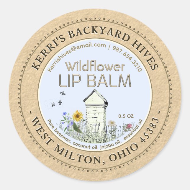 Backyard Hives Beeswax Lip Balm Kraft Hive Flowers Classic Round Sticker (Front)