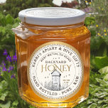 Backyard Hives Honey Label Hand Bottled Raw<br><div class="desc">Central design features an illustration of a small backyard hive. Personalise with your apiary name,  address and honey description (raw,  hand bottled,  single source etc.). Also include your honey net weight. Common honey net weight conversions: 8oz (227g),  12oz (340g),  16oz (454g),  32oz (907g),  5lb (2.27kg).</div>