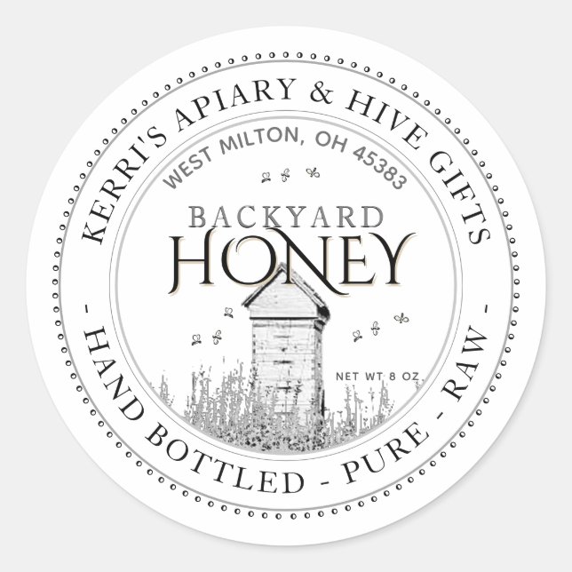 Backyard Hives Honey Label Hand Bottled Raw White (Front)