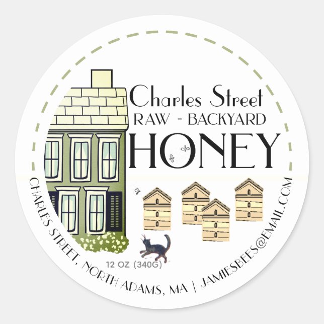 Backyard Honey Hives with bees and cat  Classic Round Sticker (Front)