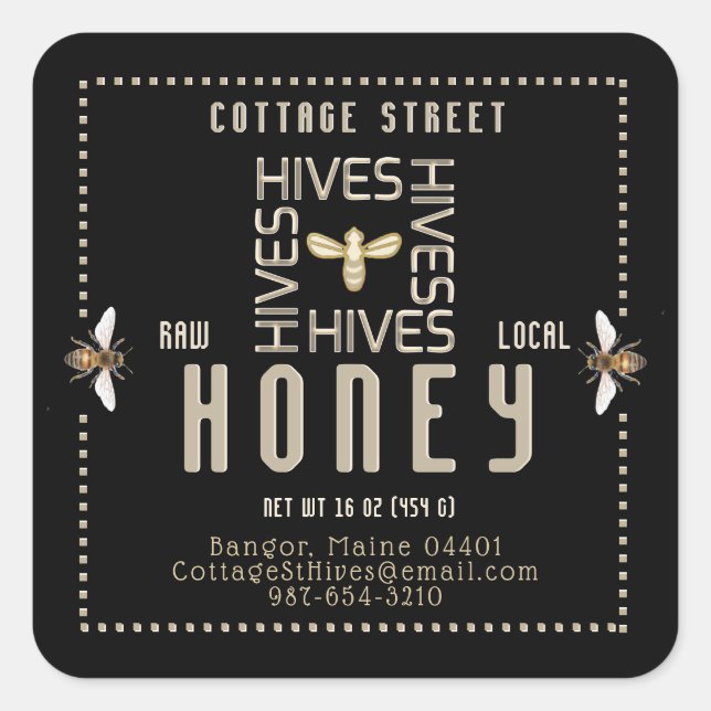 Backyard Local Hives Honey Label Black Bees Square (Front)