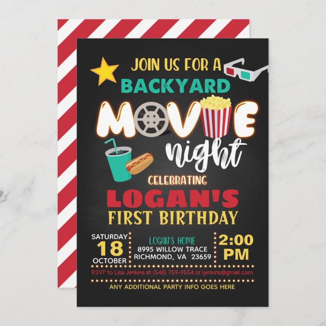 Backyard Movie Night Birthday Invitation - Teal (Front/Back)