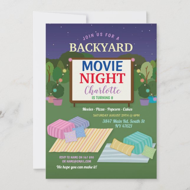 Backyard Movie Night Party Birthday Popcorn Film Invitation (Front)