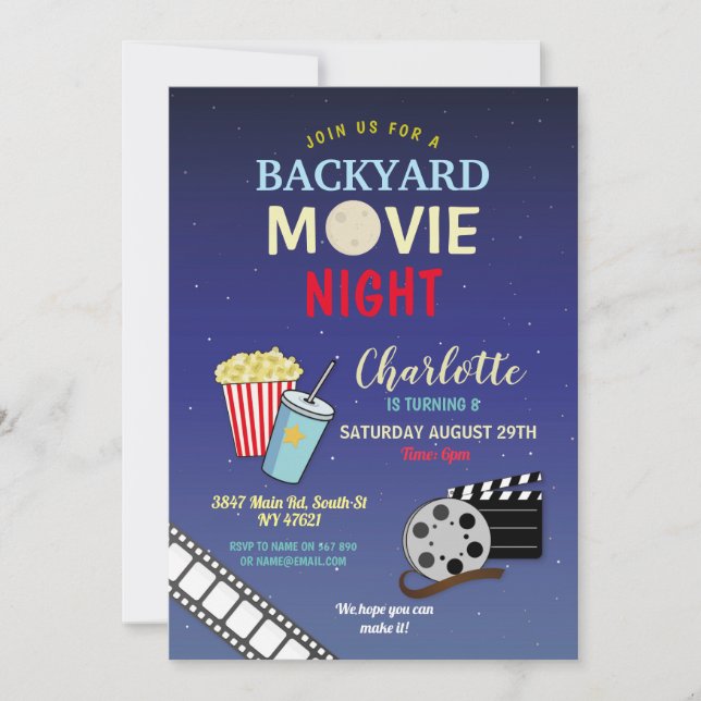Backyard Movie Night Party Birthday Popcorn Invitation (Front)