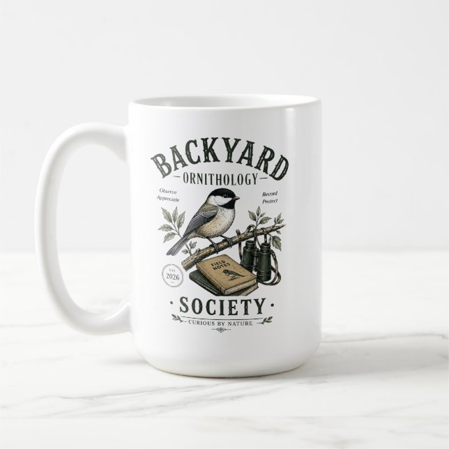 Backyard Ornithology Chickadee Illustration Coffee Mug (Left)