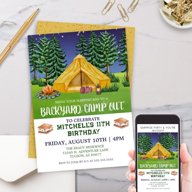 Backyard Outdoor Smores Camp Out Birthday Invitation (Modern Camping Outdoors Backyard Campout Birthday Party Invitation for Kids or Family Camping Trip)