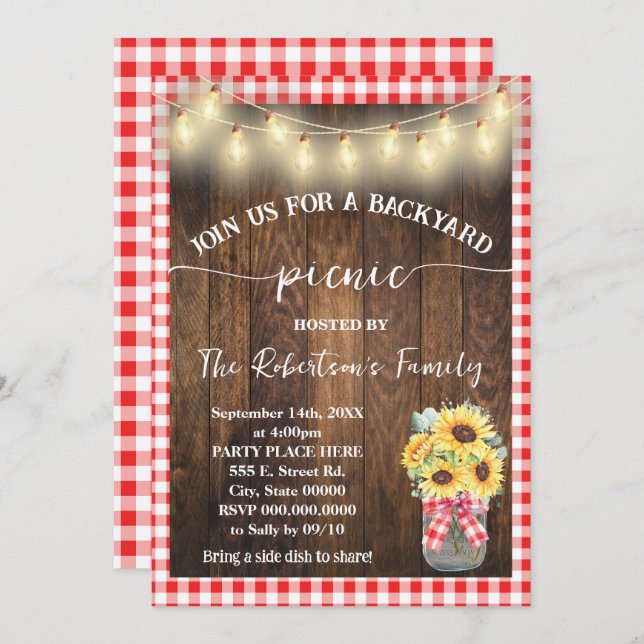 Backyard Picnic Party Red Plaid Sunflowers Invitation (Front/Back)