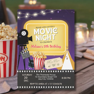Backyard Popcorn Movie Night Birthday Invitation