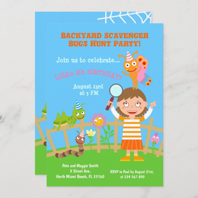 Backyard scavenger bugs hunt birhtday party invitation (Front/Back)