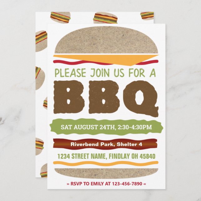 Backyard Summer BBQ Hamburger design Invitation (Front/Back)
