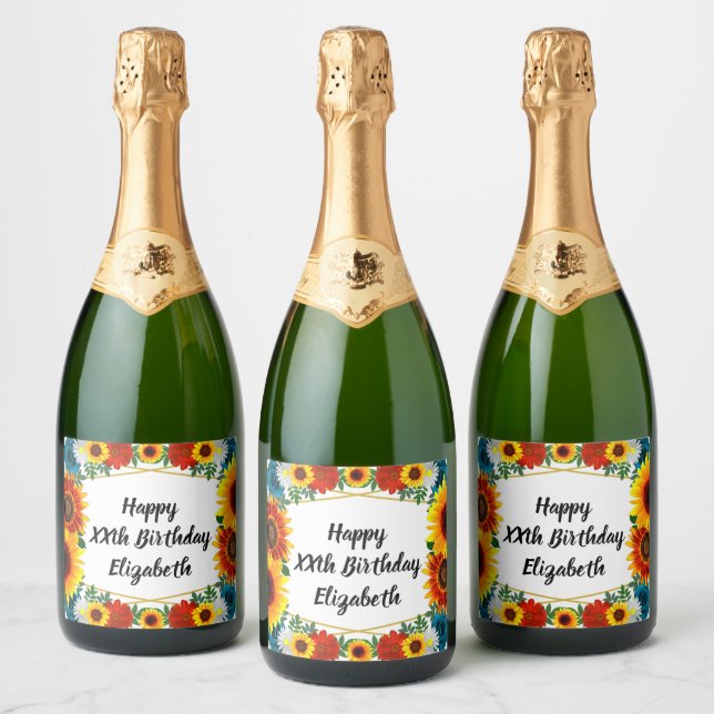 Backyard Summer Floral Geometric Sparkling Wine Label (Bottles)