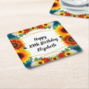 Backyard Summer Floral Geometric Square Paper Coaster