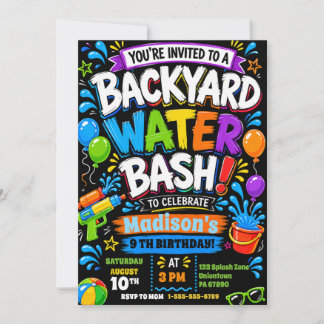 Backyard Water Bash Colourful Kids Splash Birthday Invitation