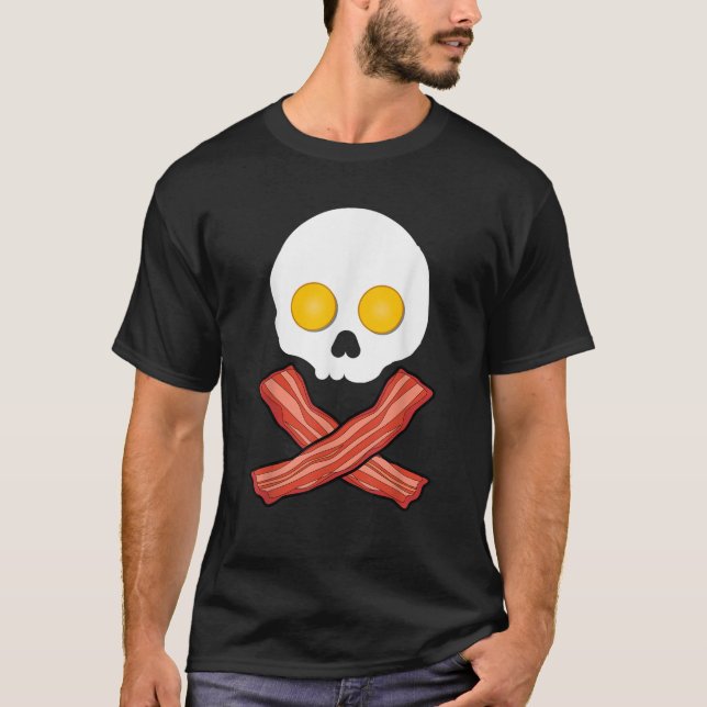 Bacon and Eggs Skull Crossbones Funny Fried Breakf T-Shirt (Front)