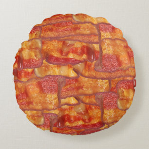 Bacon Background Pattern, Funny Fried Food Round Cushion