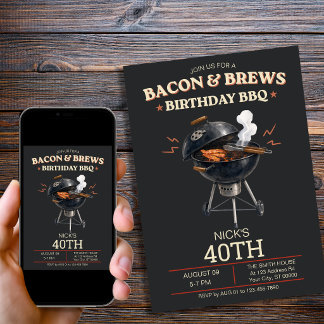 Bacon & Brews 40th Birthday BBQ Man Invitation