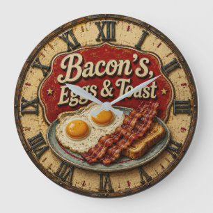 Bacon Eggs & Toast Farmhouse Breakfast Kitchen Large Clock