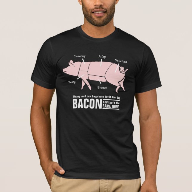 Bacon is Happiness Funny Pig Butcher Chart T-Shirt (Front)