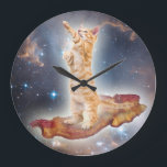Bacon Surfing Cat Clock<br><div class="desc">AWESOME CLOCK with an AWESOME CAT on some AWESOME BACON in AWESOME SPACE... . AWESOME!</div>