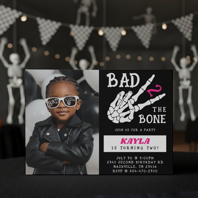 Bad 2 the Bone Skeleton Photo 2nd Birthday Party Invitation (Creator Uploaded)