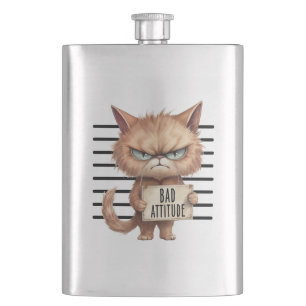 Bad Attitude Cat Mugshot – Funny Feline Design Hip Flask