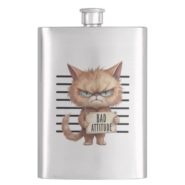 Bad Attitude Cat Mugshot – Funny Feline Design Hip Flask (Front)