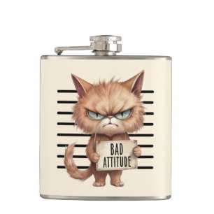 Bad Attitude Cat Mugshot – Funny Feline Design Hip Flask