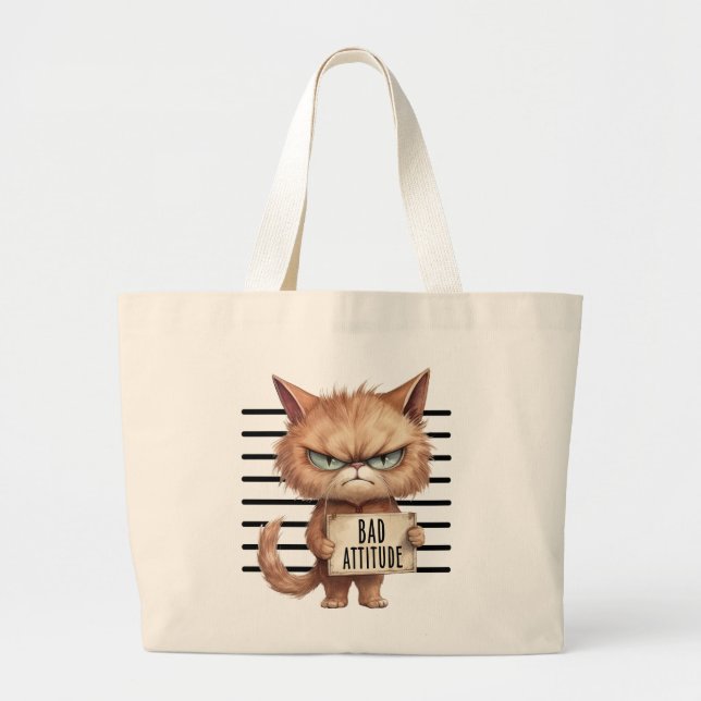Bad Attitude Cat Mugshot – Funny Feline Design Large Tote Bag (Front)