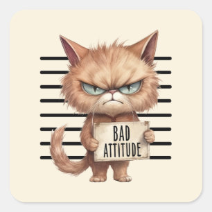 Bad Attitude Cat Mugshot – Funny Feline Design Square Sticker