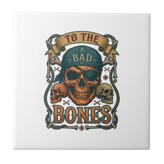 Bad Bones Pirate Skull Bandanna Rope Crossbones Ceramic Tile (Front)