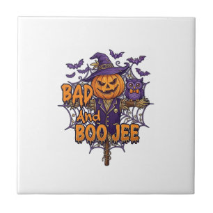 Bad Boo Jee Pumpkin Scarecrow Purple Owl Bats Ceramic Tile