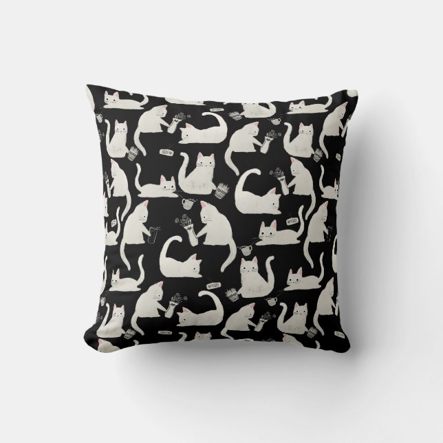 Bad Cats Knocking Stuff Over, White Cats on Black Cushion (Front)