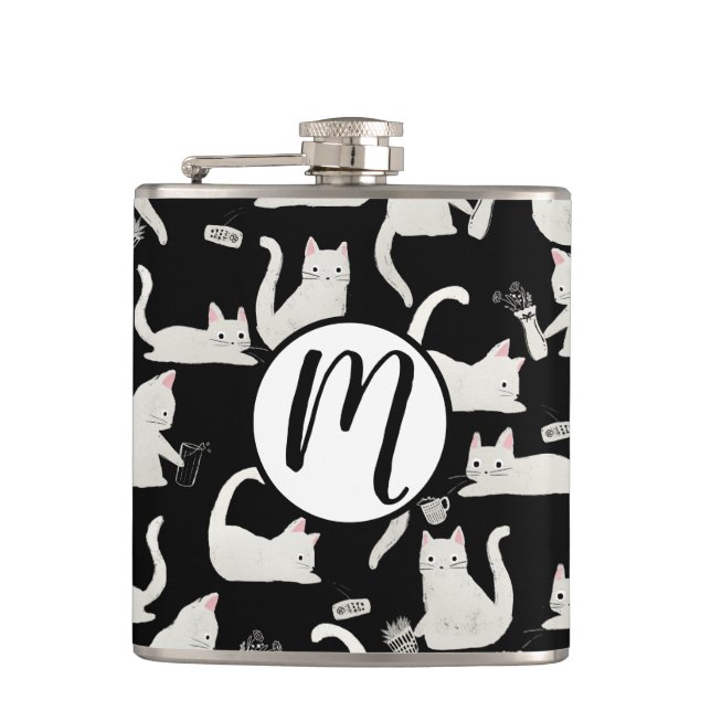Bad Cats Knocking Stuff Over, White Cats on Black Hip Flask (Front)