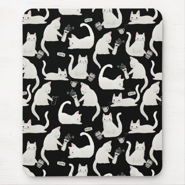 Bad Cats Knocking Stuff Over, White Cats on Black Mouse Pad (Front)