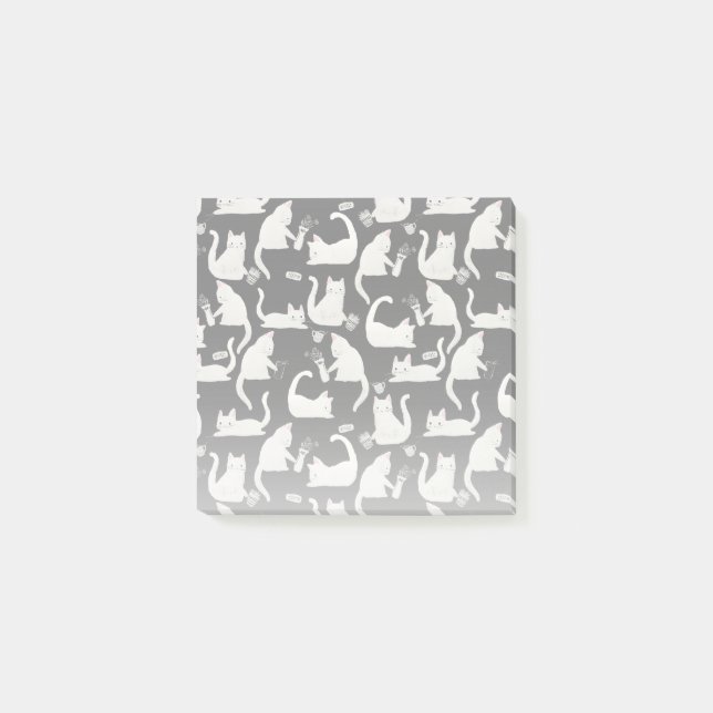 Bad Cats Knocking Stuff Over, White Cats on Black Post-it Notes (Front)