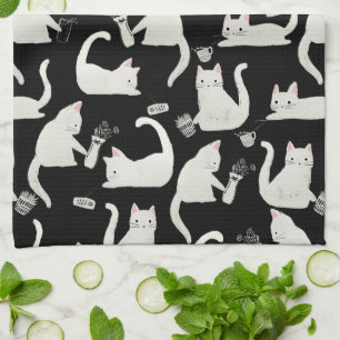 Bad Cats Knocking Stuff Over, White Cats on Black Tea Towel