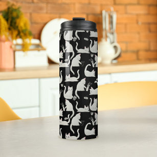 Bad Cats Knocking Stuff Over, White Cats on Black Thermal Tumbler