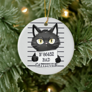 Bad Cattitude – Black Cat Mugshot Ceramic Ornament