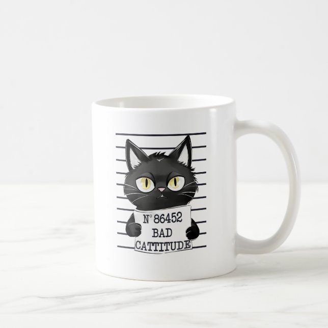 Bad Cattitude – Black Cat Mugshot Coffee Mug (Right)