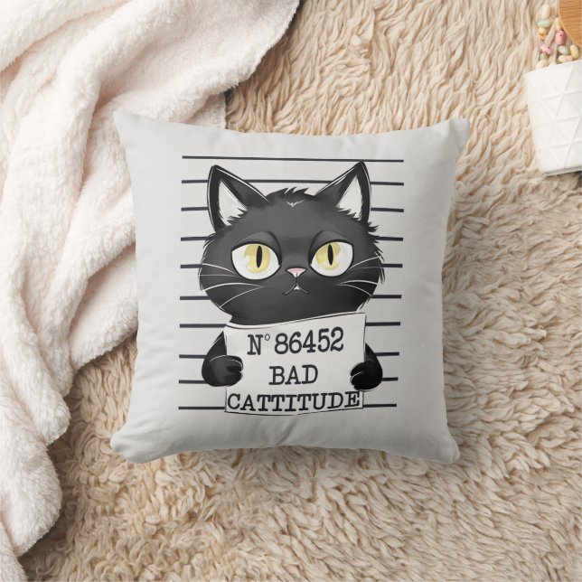 Bad Cattitude – Black Cat Mugshot Cushion (Blanket)