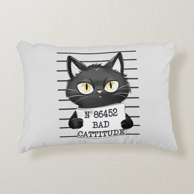 Bad Cattitude – Black Cat Mugshot Decorative Cushion (Front)