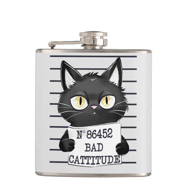 Bad Cattitude – Black Cat Mugshot Hip Flask (Front)
